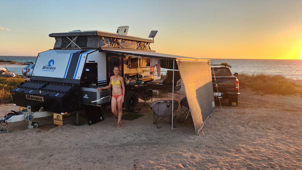 Our camp set up at the beach at sunset